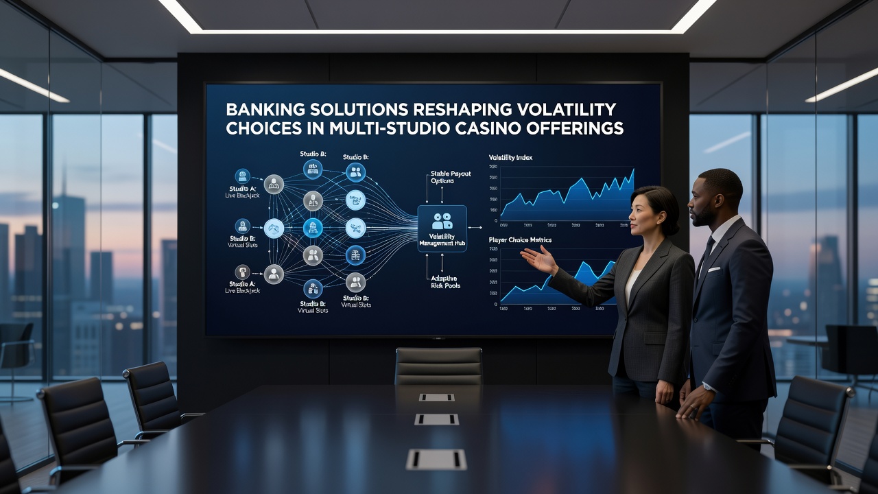 Multi-studio casino dashboard displaying volatility sliders connected to banking solution metrics and real-time player funding data