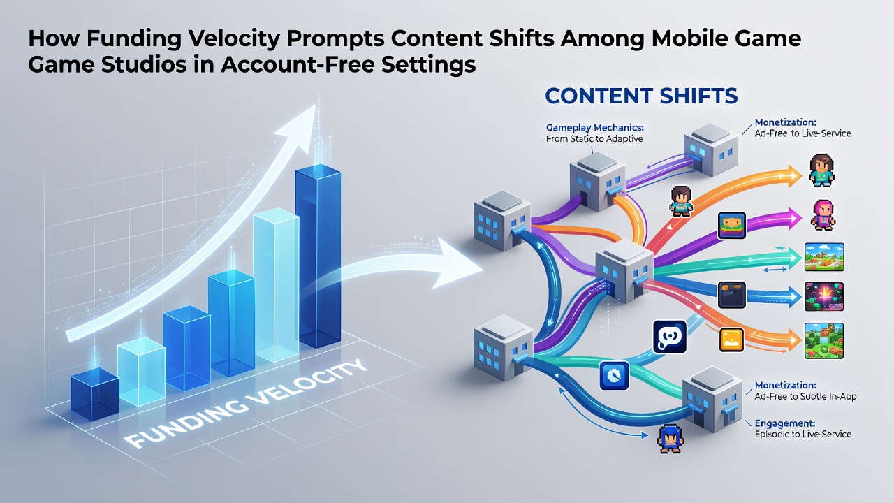 Mobile game studio team reviewing analytics on funding velocity impacts for account-free platforms