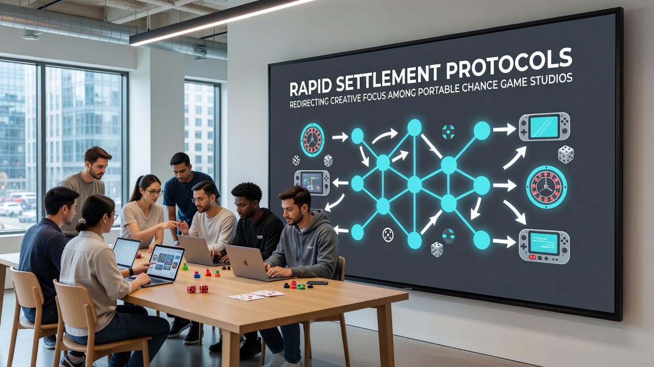 Mobile game development team reviewing settlement protocol integrations in a modern studio setting