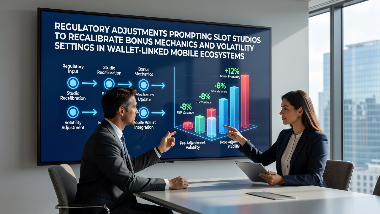 Slot studio analysts reviewing volatility charts on mobile wallet interfaces during regulatory compliance reviews