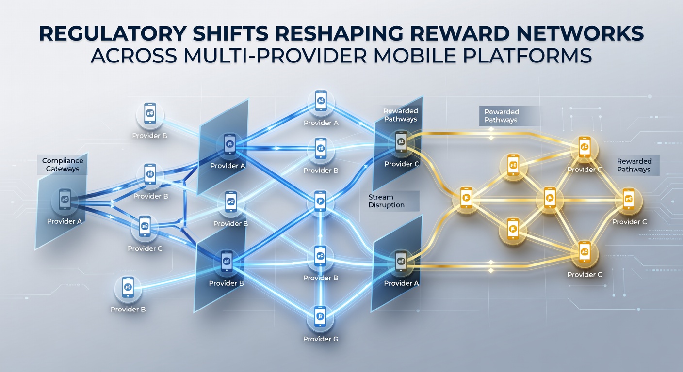 Illustration of interconnected mobile platform networks with regulatory oversight symbols and reward distribution pathways